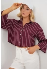 Çizgili Oversize Kısa Gömlek 20326 - Bordo