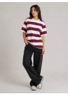 Çizgili Oversize Tişört Bisiklet Yaka Kısa Kol Yazlık T-Shirt - Bordo