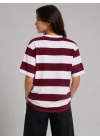 Çizgili Oversize Tişört Bisiklet Yaka Kısa Kol Yazlık T-Shirt - Bordo