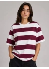 Çizgili Oversize Tişört Bisiklet Yaka Kısa Kol Yazlık T-Shirt - Bordo