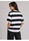 Çizgili Oversize Tişört Bisiklet Yaka Kısa Kol Yazlık T-Shirt - Siyah