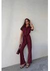 ÇİZGİLİ POLYVİSKON BLUZ - PANTOLON TAKIM - Bordo