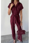 ÇİZGİLİ POLYVİSKON BLUZ - PANTOLON TAKIM - Bordo
