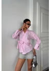 ÇİZGİLİ POPLİN KRUVAZE BAĞLAMALI GÖMLEK - Pembe