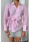 ÇİZGİLİ POPLİN KRUVAZE BAĞLAMALI GÖMLEK - Pembe