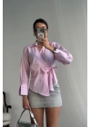 ÇİZGİLİ POPLİN KRUVAZE BAĞLAMALI GÖMLEK - Pembe