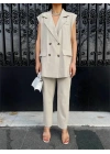 ÇİZGİLİ UZUN YELEK - PANTOLON TAKIM POLVİSCON - Bej