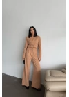 CROP CEKET - PANTOLON TAKIM GOLD DÜĞME DETAYLI - Kahverengi