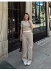 Crop pantolon biyeli takım bej