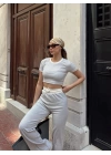 Crop pantolon biyeli takım gri