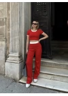 Crop pantolon biyeli takım kırmızı
