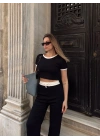 Crop pantolon biyeli takım siyah