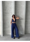 Crop pantolon keten takım s255012