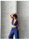 Crop pantolon keten takım s255012
