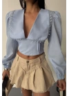 CROP POPLİN GÖMLEK YAKA KENAR DANTEL DETAYLI - Bebe Mavi