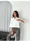 Crop Yakalı Gömlek Üç Çeyrek Sleeve Kol - Beyaz