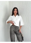 Crop Yakalı Gömlek Üç Çeyrek Sleeve Kol - Beyaz