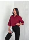 Crop Yakalı Gömlek Üç Çeyrek Sleeve Kol - Bordo