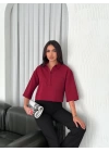 Crop Yakalı Gömlek Üç Çeyrek Sleeve Kol - Bordo