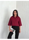 Crop Yakalı Gömlek Üç Çeyrek Sleeve Kol - Bordo