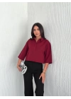 Crop Yakalı Gömlek Üç Çeyrek Sleeve Kol - Bordo