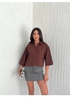 Crop Yakalı Gömlek Üç Çeyrek Sleeve Kol - Kahverengi