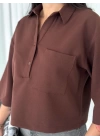 Crop Yakalı Gömlek Üç Çeyrek Sleeve Kol - Kahverengi