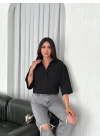Crop Yakalı Gömlek Üç Çeyrek Sleeve Kol - Siyah