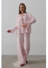 Çzgili Bağlamalı Pantolon Takım - Pembe