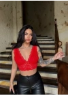 Dantel Bralet Crop Sütyen V Yaka Askılı Şık Esnek Rahat - Kırmızı
