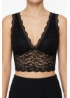 Dantel Bralet Crop Sütyen V Yaka Askılı Şık Esnek Rahat - Siyah