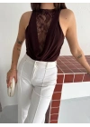 Dantel Detaylı Derin Dekolte Body Şık Kolsuz Yazlık Bodysuit - Kahvrenegi
