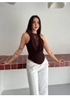 Dantel Detaylı Derin Dekolte Body Şık Kolsuz Yazlık Bodysuit - Kahvrenegi