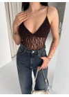 Dantel Detaylı Derin Dekolte Body Şık Kolsuz Yazlık Bodysuit - Kahvrenegi