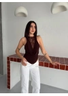 Dantel Detaylı Derin Dekolte Body Şık Kolsuz Yazlık Bodysuit - Kahvrenegi