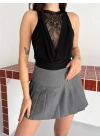 Dantel Detaylı Derin Dekolte Body Şık Kolsuz Yazlık Bodysuit - Siyah