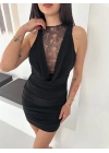 Dantel Detaylı Derin Dekolte Drapeli Mini Elbise Şık Kolsuz - Siyah