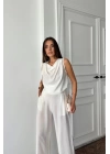 DEGAJE YAKA KOLSUZ BLUZ - PANTOLON TAKIM - Beyaz