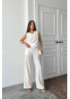 DEGAJE YAKA KOLSUZ BLUZ - PANTOLON TAKIM - Beyaz