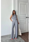 DEGAJE YAKA KOLSUZ BLUZ - PANTOLON TAKIM - Gri