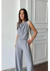 DEGAJE YAKA KOLSUZ BLUZ - PANTOLON TAKIM - Gri