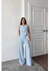 DEGAJE YAKA KOLSUZ BLUZ - PANTOLON TAKIM - Mavi