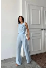 DEGAJE YAKA KOLSUZ BLUZ - PANTOLON TAKIM - Mavi
