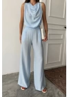 DEGAJE YAKA KOLSUZ BLUZ - PANTOLON TAKIM - Mavi