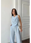 DEGAJE YAKA KOLSUZ BLUZ - PANTOLON TAKIM - Mavi