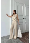 DEGAJE YAKA KOLSUZ BLUZ - PANTOLON TAKIM - Taş