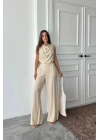 DEGAJE YAKA KOLSUZ BLUZ - PANTOLON TAKIM - Taş