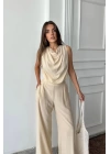 DEGAJE YAKA KOLSUZ BLUZ - PANTOLON TAKIM - Taş