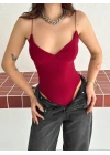 Derin Dekolte Askılı Body Sırt Dekolteli Şık Kolsuz Yazlık Bodysuit - Kırmızı