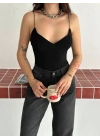 Derin Dekolte Askılı Body Sırt Dekolteli Şık Kolsuz Yazlık Bodysuit - Siyah